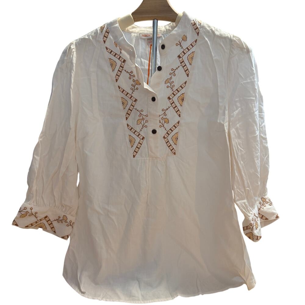 Knox Rose Women's Cream Bishop Sleeve Embroidered Top - Size Small - NWT
